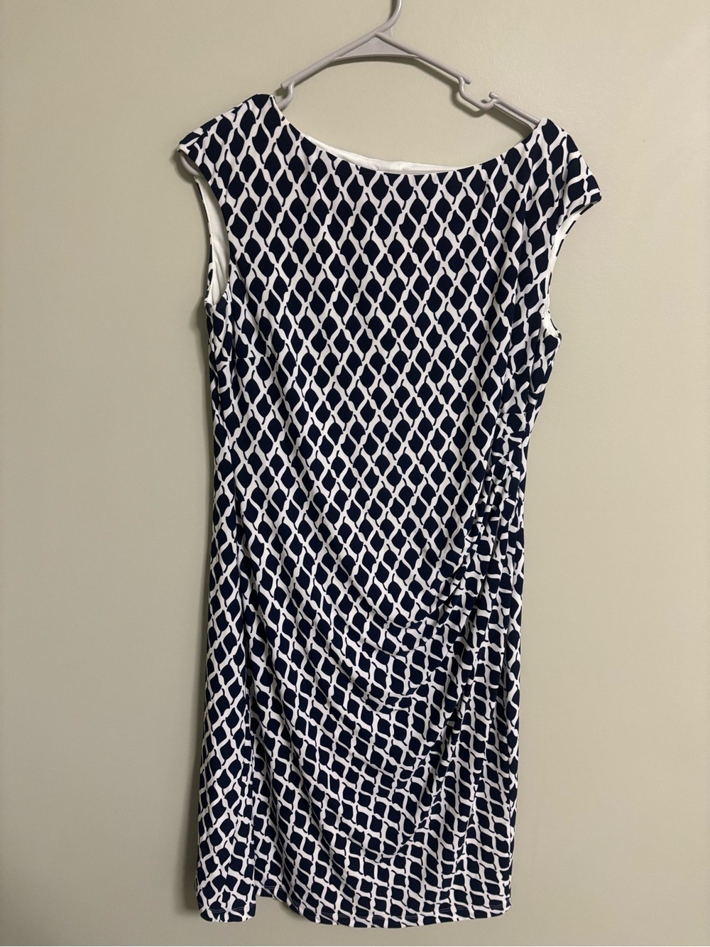 Ralph Lauren LRL Navy White Leaf Geometric Print Ruched Wiggle Dress Size 14